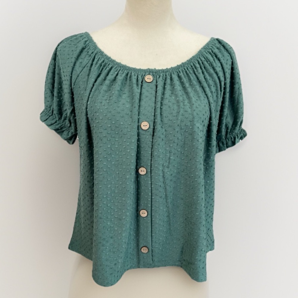 Philosophy Womens Size XS Green Swiss Dot Puffed Sleeve Blouse Bohemian